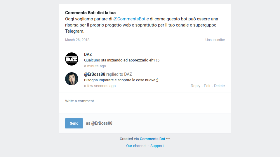 comments bot commentare i post nel canale Telegram