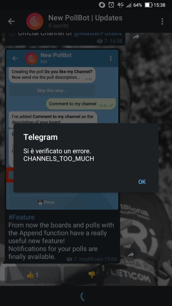 telegram errore channel too much