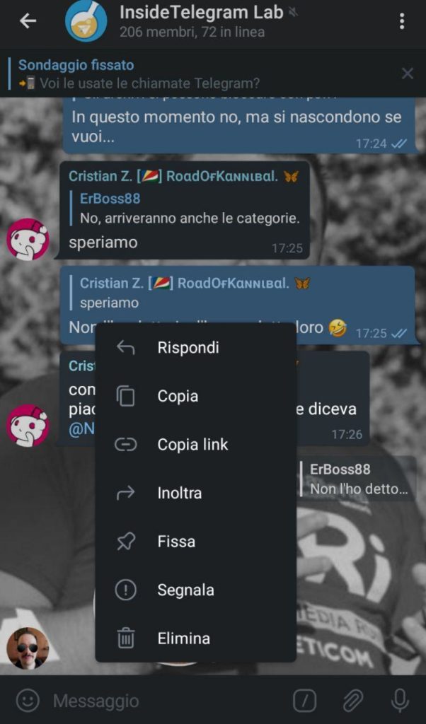 Telegram 5.6 menù contestuale