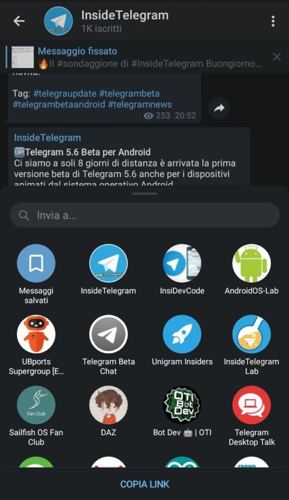 Telegram 5.6 menù condivisione