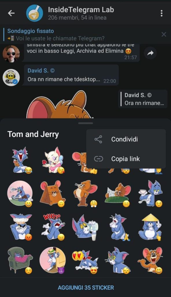 Telegram 5.6 condivisione stickers
