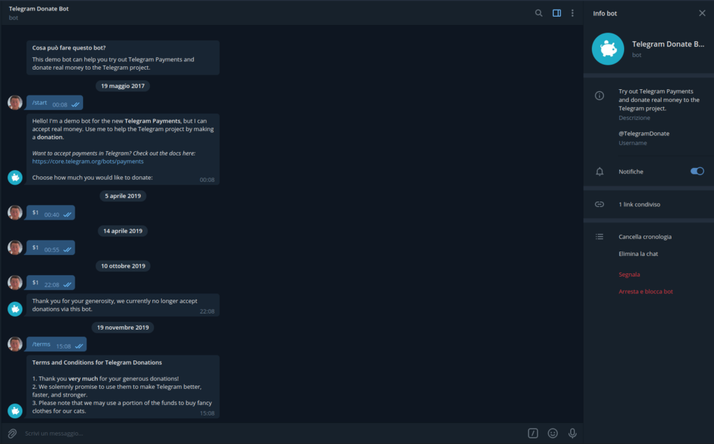 bot donazioni @TelegramDonate