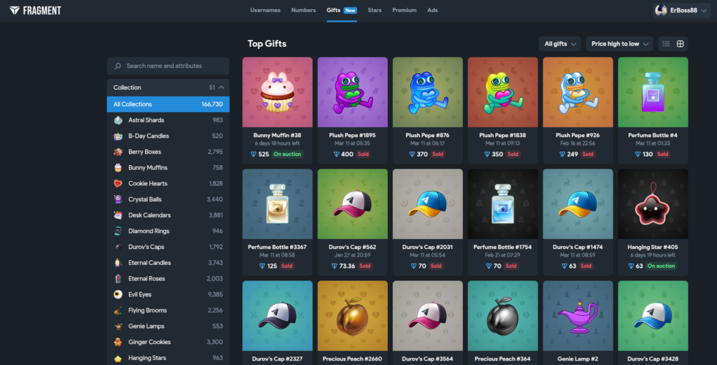 Negozio per i regali NFT disponibile su Fragment
